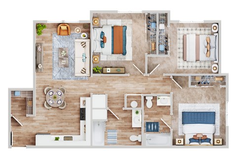 Floor plan for 3 beds, 2 baths, 1057 sqft